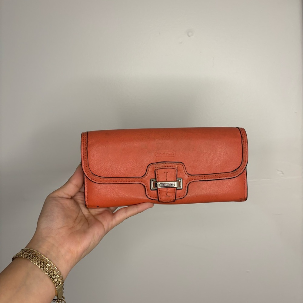 Coach Top Stitched Bifold Wallet Womens Leather Peach Coral Snap